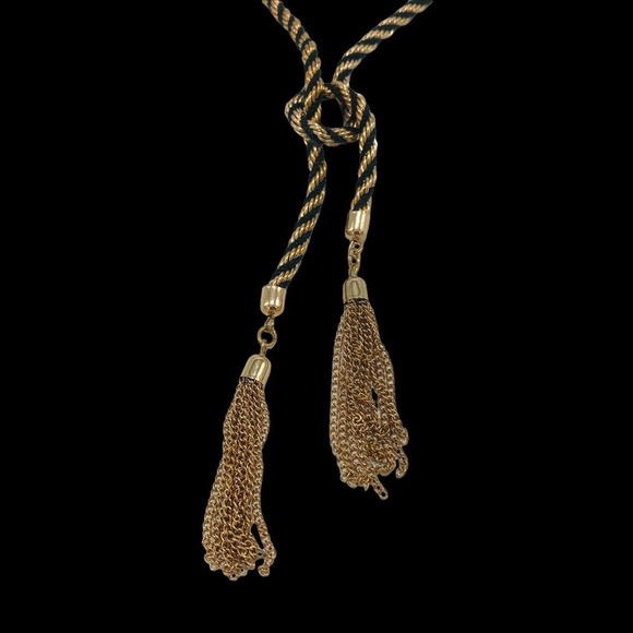 GUESS Knotted Rope Chain Lariat with Tassel Y-Shaped Necklace Gold Black Twist - Picture 7 of 7